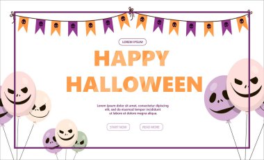 Cadılar Bayramı için karikatür tasarımı, reklam, satış, parti davetiyeleri için vektör pankartı