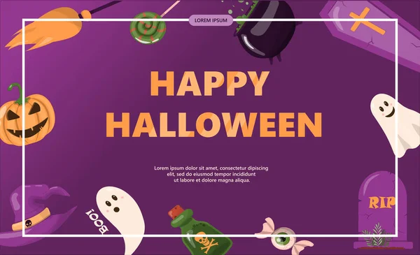 Векторный баннер для оформления шаблона мультфильма на Хэллоуин для рекламы, продаж, приглашений на вечеринки — стоковый вектор