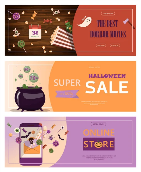 Vektor banner för Halloween Tecknad mall design för annons, försäljning, fest inbjudningar — Stock vektor