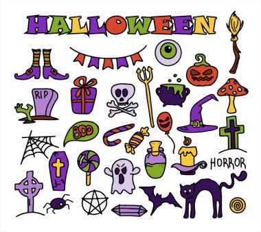 vektör el çizilmiş Doodle Cadılar Bayramı Renkli çizgi film tırmanışları, sembolleri