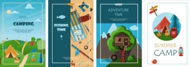 Kamp macerası zaman çizelgesi çizimi. Karikatür avlama zamanı için düz ekipmanla büyük set.