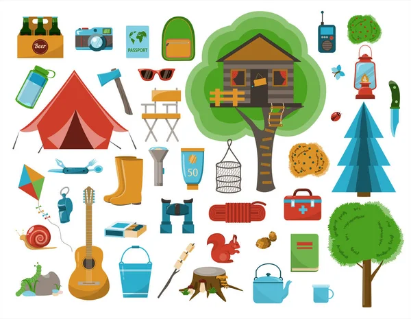 Um grande conjunto de ícones planos para acampar. Ilustração de desenho animado vetorial. Equipamento para caminhadas, montanhismo e camping-um conjunto de ícones e infográficos. Casa de árvore, barraca, utensílios de acampamento, mochila e — Vetor de Stock