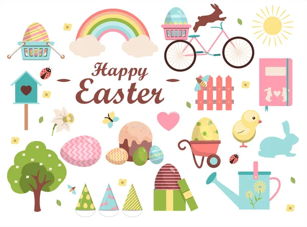 Gran vector de Pascua conjunto. Diseño plano con liebres, mariposas, huevos pintados, pastel, pollo, conejo, bicicleta, pollo, cesta, regalo, guirnalda, flores y arcoíris. Plantilla para una postal — Vector de stock