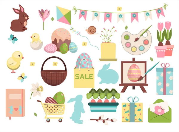 Büyük Paskalya vektörü ayarlandı. Tavşanların, kelebeklerin, boyanmış yumurtaların, kekin, tavuğun, tavşanın, bisikletin, tavuğun, sepetin, hediyenin, çelengin, çiçeklerin ve gökkuşağının olduğu düz bir tasarım. Bir kartpostal şablonu — Stok Vektör