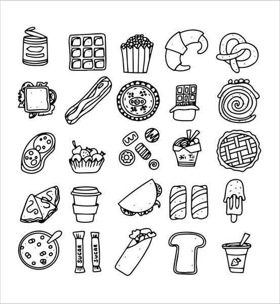 Doodle food set of fast-food products. Hand-drawn sweets, desserts, snacks, popcorn, American food and English breakfast. A big set of cartoon food illustrations. — Stock Vector