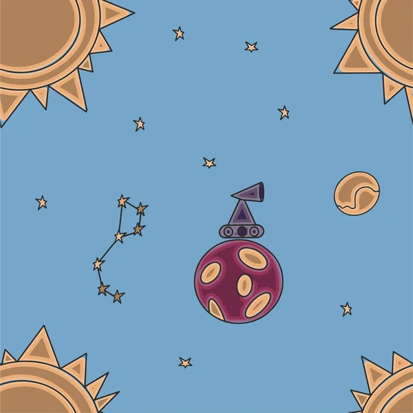 Space seamless pattern. Hand draw space illustration with a rocket, astronaut, planets and aliens. Cute, children s vector drawing about spaceships, flying saucers and shuttles. Space with Saturn — Stock Vector