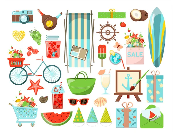 Um grande conjunto de verão vetorial. Acessórios para férias de praia à beira-mar. Design plano Ilustração para anúncios, web, folhetos e banners. Conjunto de ícones de desenhos animados. Frutos de verão, comida, transporte e roupa. —  Vetores de Stock