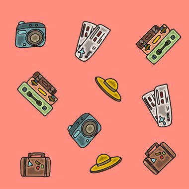 Kusursuz yaz şablonu. Deniz kıyısındaki tatiller için el yapımı aksesuarlar. Reklamlar, web, el ilanları ve afişler için Doodle Illustration. El simgeleri tarafından çizilmiş bir set. Yaz meyveleri, yiyecek, ulaşım ve