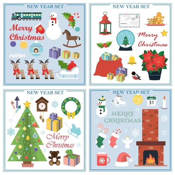 Un ensemble d'illustrations plates pour le nouvel an et Noël. Ensemble vectoriel d'images isolées avec cheminée, chaussettes de Noël, bonhomme de neige, cadeaux, flocons de neige, patins, jouets, une tasse de cacao. Objets lumineux pour un — Image vectorielle