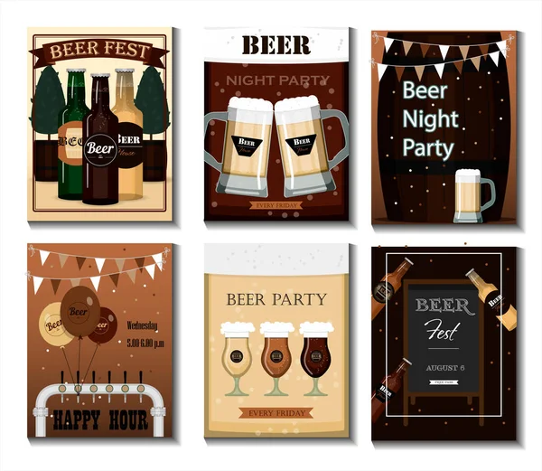 Un ensemble de flyers vectoriels pour une fête de bière, un festival ou une publicité. Illustration plate avec tasses à bière, bouteilles de bière, verres et décorations de vacances Annonces Oktoberfest, vacances, ou des images pour un — Image vectorielle