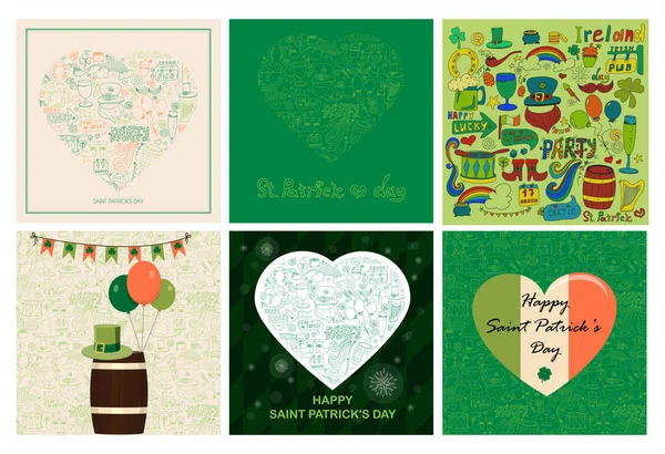 St. Patrick s Day greeting cards with hand-drawn pictures. A doodle of beer, a rainbow, a leprechaun s beard, coins, a bowler hat, a clover, a top hat, an Irish flag and a beer mug. Template for a — Stock Vector