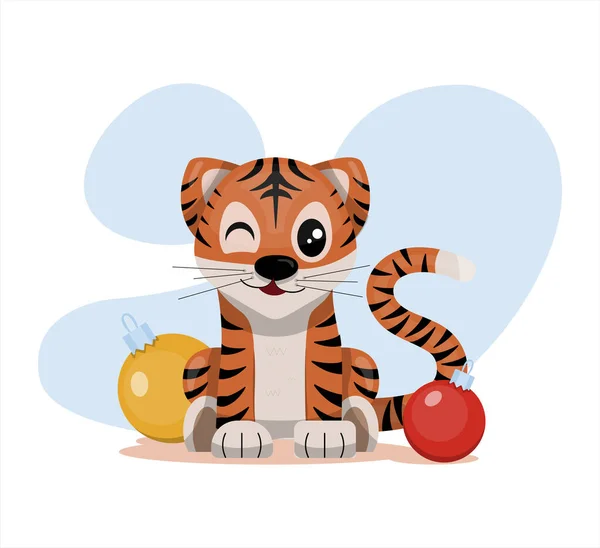 Netter Vektor Tiger Frohes chinesisches neues Jahr Grußkarte 2022 Animal holidays cartoon character with Christmas stuff — Stockvektor