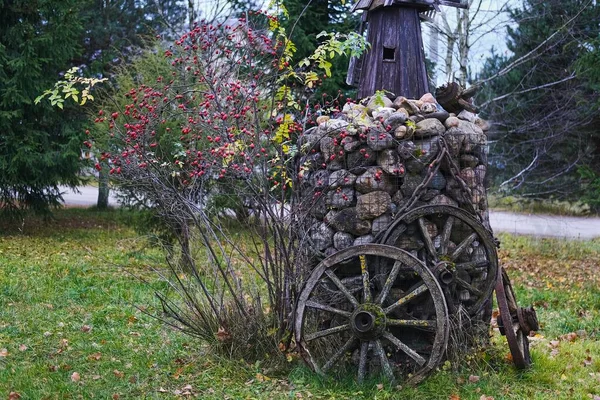 Gabion kosár ötlet trendi kert dekoráció. Keret fém háló tele kövekkel használt táj design őszi kert. csipkebogyó bokor piros bogyók gabion kosár háttér. — Stock Fotó