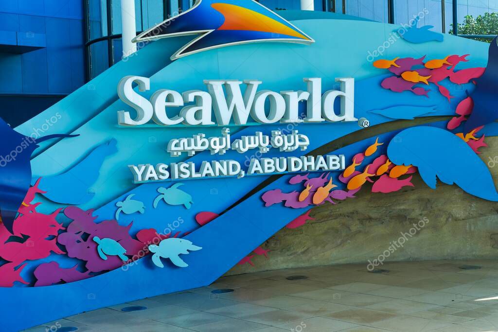 Abu-Dhabi,UAE-2.10.2025: Entrance sign to SeaWorld marine amusement theme park, located on Yas Island, global travel attraction destination with educational, family entertainment and conservation