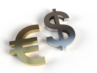 Beyaz zemin üzerinde Euro ve US Dollar 3D tabelaları (EUR, USD)