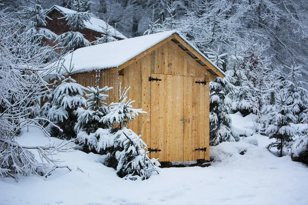 Schöne Holzhäuser Einem Verschneiten Wald Während Eines Schneesturms Karpaten — Stockfoto