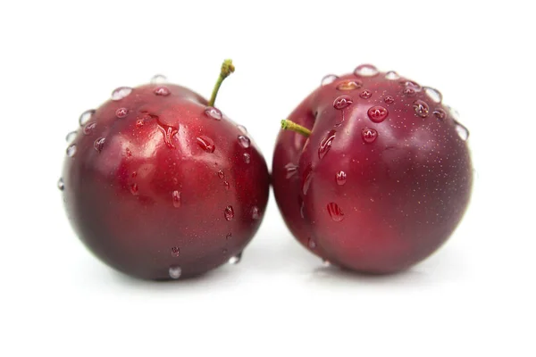 Ciruelas Orgánicas Frescas Maduras Gotas Agua Aisladas Sobre Fondo Blanco —  Fotos de Stock