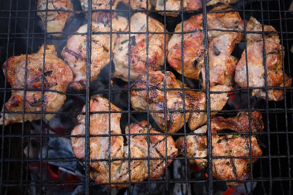 Šťavnaté Maso Smaží Ohni Přírodě Grilování Piknik Gril Horní Pohled — Stock fotografie