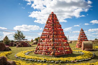 Sonbahar festivalinde balkabağı piramitleri. Cadılar Bayramı, Şükran Günü ve sonbahar kutlamaları için açık hava tatil süslemeleri. Sonbahar hasat festivalleri bir şehir parkında ya da sokakta.
