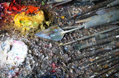 yağlı boya ve boya fırçalar paleti üzerinde