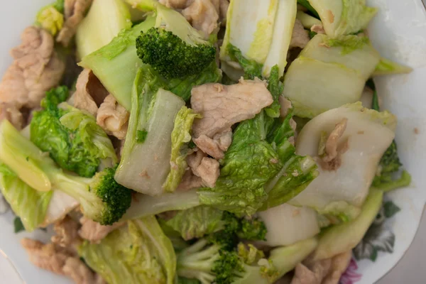 Fried Broccoli with pork and vegetables — Stock Photo, Image