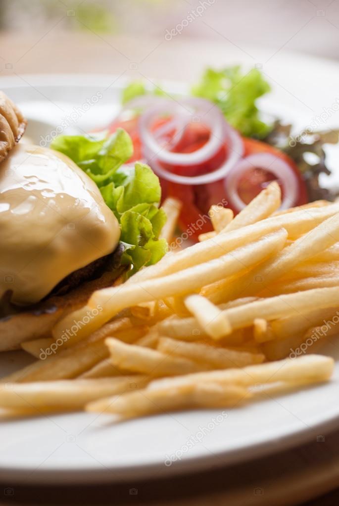 cheese burger with French fries