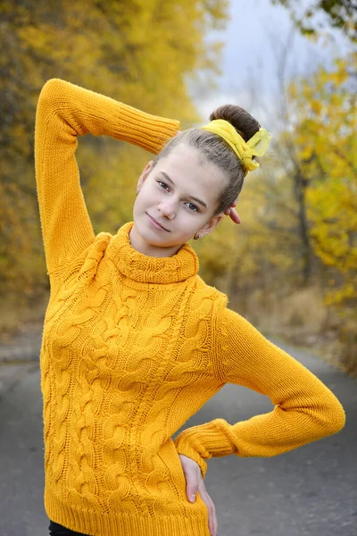 Retrato Uma Jovem Esbelta Pulôver Amarelo Contra Fundo Folhagem Outono — Fotografia de Stock