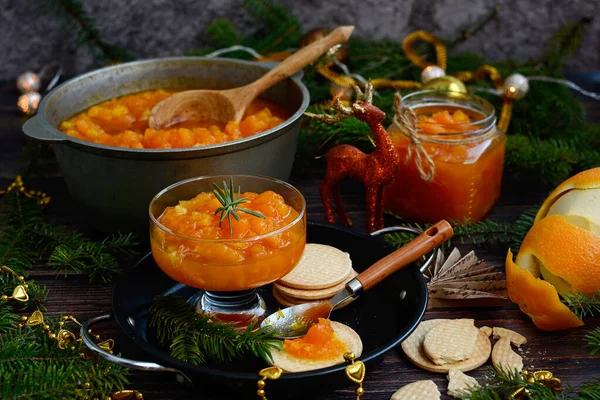 Cooking Orange Jam Your Home Kitchen Glass Jars Jam Oranges — Stock Photo, Image