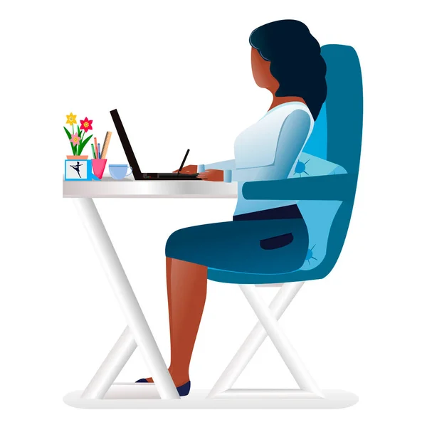 アフリカ系アメリカ人の女性がペンで絵を描く 自宅やオフィスの仕事のコンセプト 新鮮なコース フラット漫画スタイル コラージュ ウェブサイト ステッカーに使用できます — ストックベクタ