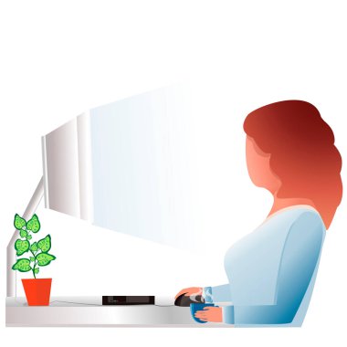 Karakter bilgisayar başında vakit geçirir. Evde, işte ya da ofiste bilgisayar öğrenme konsepti. Tazeleyici kurslar. Düz çizgi film tarzı. Kolaj, web siteleri, çıkartmalar için kullanılabilir. İş ve finans.