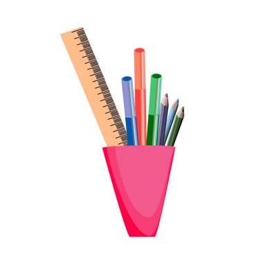 Kalkın, kırtasiye için çanta. Yaratıcılık, çizim, yazı, resim için ürünler. Cam, kalem, keçeli kalem, kalem, tahta cetvel. Okul malzemeleri. Renkli renkler mevcut. Vektör grafik çizimi.