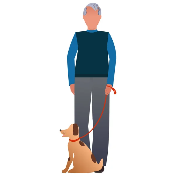 Elderly Man Dog Walk Flat Vector Illustration Cartoon Style Can — Stock Vector