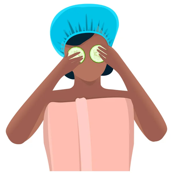 Una Mujer Afroamericana Pone Trozos Pepino Los Ojos Concepto Estilo — Vector de stock