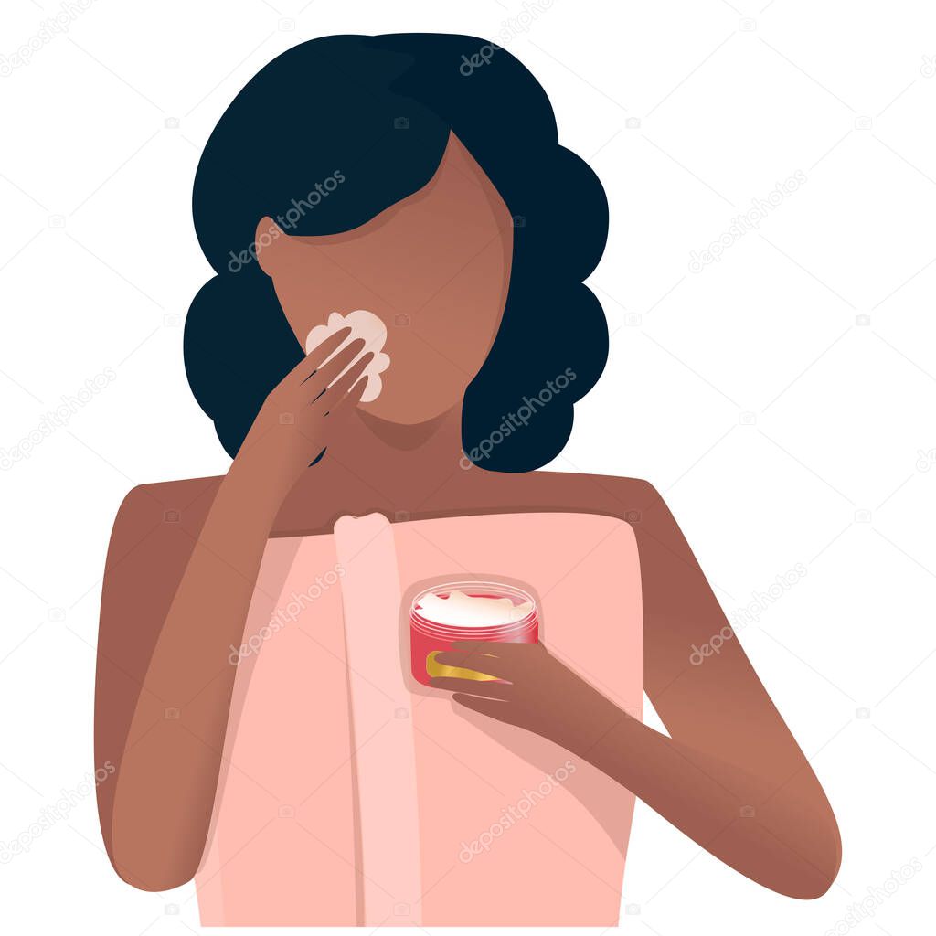 An African American woman applies a moisturizer to her face. The concept of a healthy lifestyle, cosmetology, skin care for the face, eyes, spa treatments. Cartoon flat style