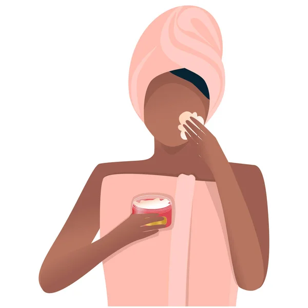 Duştan sonra Afro-Amerikalı bir kadın yüzünde kozmetik işlemler yapıyor. Sağlıklı yaşam tarzı, kozmetoloji, cilt bakımı, yüz bakımı, spa tedavisi. Çizgi film düz stili