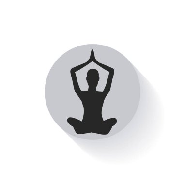 Yoga. Tibet 'in kutsal sembolü, Hinduizm ve Budizm. Simge, düğme, logo. Siyah ve beyaz, beyaz arka planda gri. Ruhsal, zihinsel ve fiziksel uygulamalar kavramı. Lotus konumu