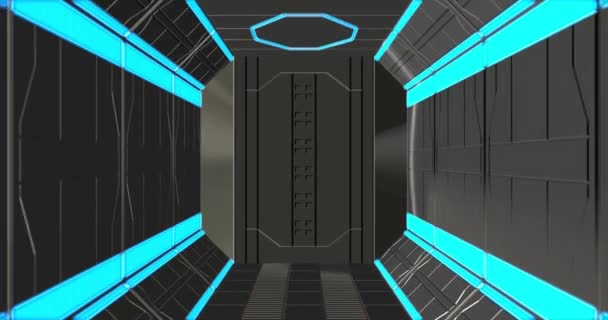 終わりのない廊下 未来的な宇宙ゲートの設計 3Dビデオ4Kアニメーション 宇宙空間の内部からの宇宙船 未来の宇宙 ゲートウェイを開けろ 広告に使用できます — ストック動画