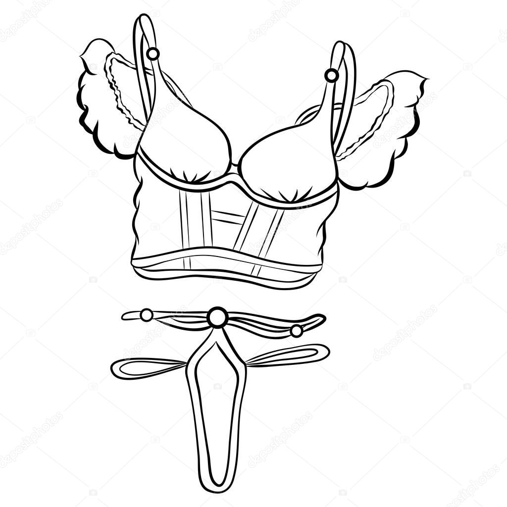 Lingerie. Casual wear. Graphic flat cartoon outline drawing. Silhouette. Scribble. No color. Hand-drawn. Black and white background. Can be used to create stickers, prints, collages in web design