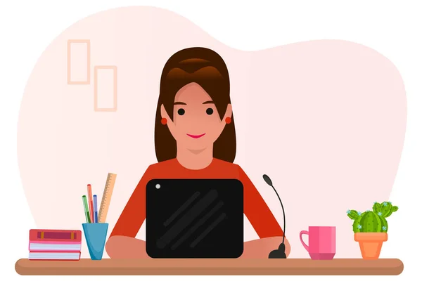 Woman Sitting Table Working Laptop Office Worker Work Home Online — Stock Vector