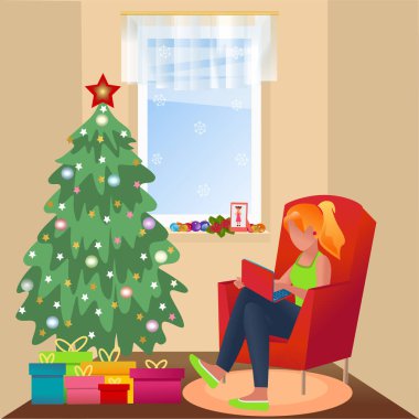 Kız dizüstü bilgisayarda çalışıyor. Mutlu yıllar ve mutlu Noeller. Kış tatillerinde dinlenme ve öğrenme kavramı. Vektör çizimi.