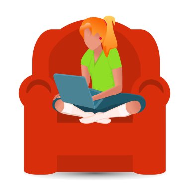 Ofis evde. Kız dizüstü bilgisayarda çalışıyor. Eğitim, iletişim, evdeki internet ofisi. Karantina konsepti, okul tatilleri, dinlenme. Tecritte çalış. Tasarım için vektör illüstrasyonu