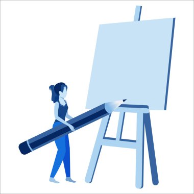  Kalem ve sehpalı bir karakter. Tasarım, sanat, yaratıcılık, evde ya da ofiste hobi. Konsept, büyük projelerle yaratıcı çalışmaları gösteriyor. Mavi renk. Beyaz arkaplan.