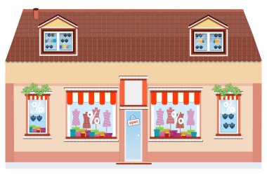 Moda evi. Giyim mağazası. Ticari mülkler. İnşaat. - Ev. Süpermarket. İş konsepti, mevsimlik mal ticareti. Tüm aile için kıyafet. İndirim, Kara Cuma. Düz Çizim