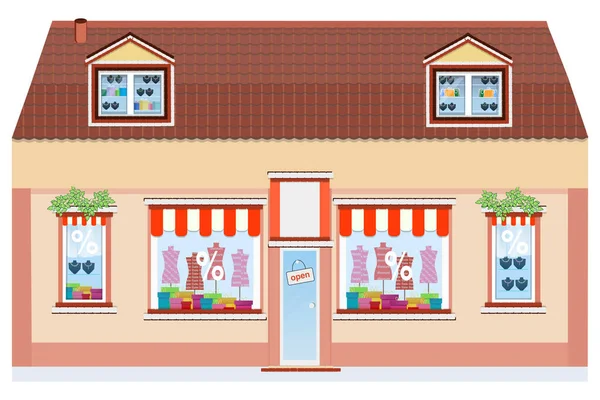 Moda evi. Giyim mağazası. Ticari mülkler. İnşaat. - Ev. Süpermarket. İş konsepti, mevsimlik mal ticareti. Tüm aile için kıyafet. İndirim, Kara Cuma. Düz Çizim