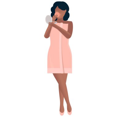 Güzel esmer bir kadın sabah veya akşam duşundan sonra yüzünü pudralar. Sağlıklı bir yaşam tarzı ve vücudunla ilgilenme kavramı. Havlulu bir kızın grafiksel vektör çizimi