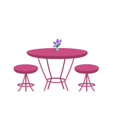 Masalar ve sandalyeler. Bir kafe, restoran, mutfak, oda için mobilya. İç tasarım için kolaj konsepti. Çizgi film tarzı. Beyaz arka plan. Yakın plan. Web tasarımında kullanılabilir