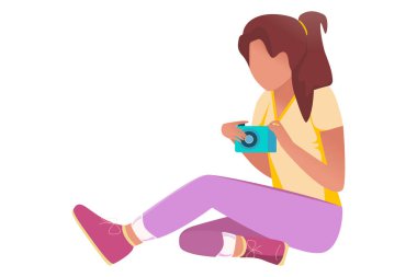 Elinde fotoğraf makinesi olan bir karakter. Hobi, hobi, çalışma, teknoloji ile uyum içinde vakit geçirme kavramı. Çizgi film tarzı. Yakın plan. Beyaz arkaplan.