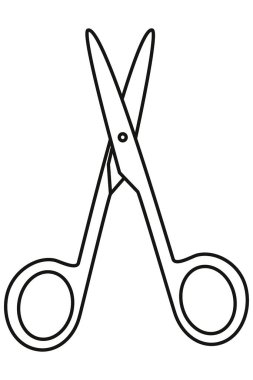 Makas ver. Kesme aleti. Siluet, amblem, işaret, taslak çizim. Yuvarlak uçlu. Vektör çizimi. Düz çizgi.