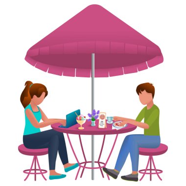 Gençler bir kafede bir masada oturuyorlar. İki karakterin yaşam tarzı. Kız bir kafede dizüstü bilgisayarda çalışıyor. Adam öğle yemeğini pizza ve çayla yiyor. Çalışma saati paylaşımı ya da tatil kavramı