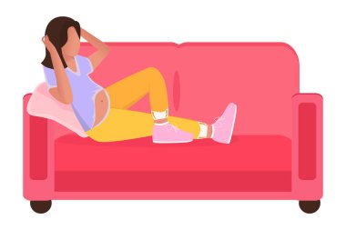 Hamile bir kadın kanepede yatıyor. Doğum izni konsepti. Çizgi film tarzı. Düz çizim. Evde tek başına, rahat bir şekilde bir çocuğun doğmasını bekleyerek vakit geçirmek.